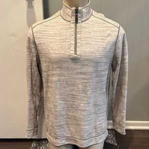 Tommy Bahama reversible tan/white herringbone & marled 1/4 zip knit shirt. Large